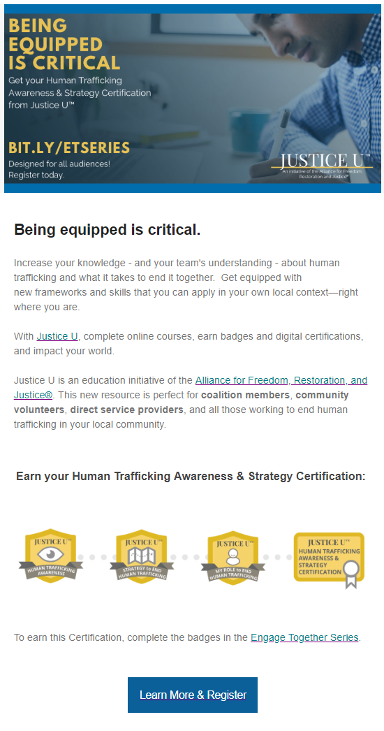 Justice U Human Trafficking Awareness Earn Your Badge Today Bit.ly/htacourse