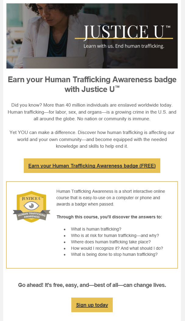 Justice U Human Trafficking Awareness Earn Your Badge Today Bit.ly/htacourse